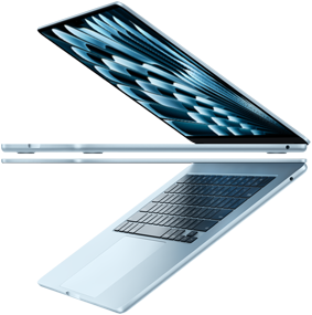 Two open MacBook Air laptops in Sky Blue color forming arrow shape, emphasizing narrow profile