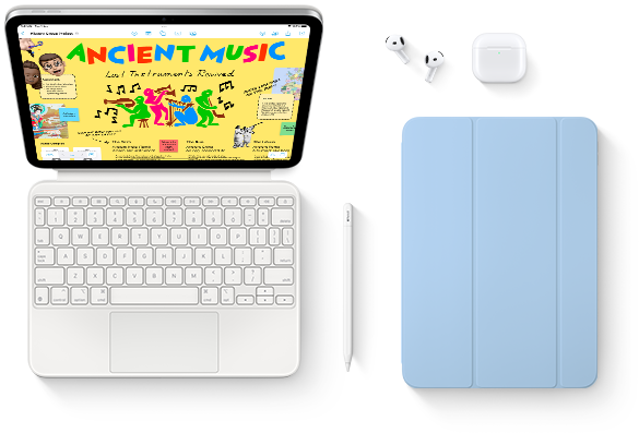 iPad attached to Magic Keyboard Folio, Apple Pencil, AirPods, and Smart Folio