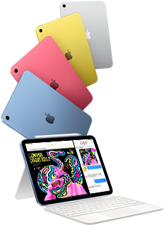 iPad in blue, pink, yellow, and silver colors and iPad attached to the Magic Keyboard Folio with Apple Pencil