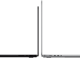 MacBook Pro 14-inch and 16-inch back to back, showing size difference and emphasizing the narrow profile