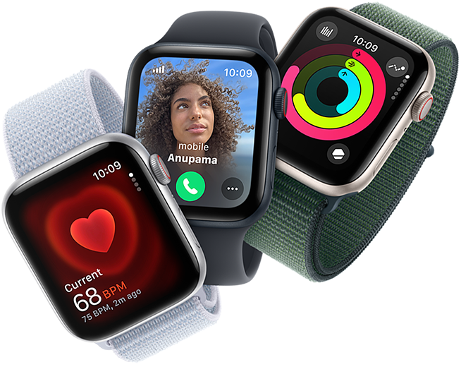 Heart rate monitoring, incoming call, and activity rings on three Apple Watch devices